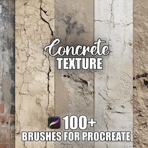 May include: A composite image displaying various concrete textures. The text "Concrete TEXTURE" is prominently featured, alongside "100+ BRUSHES FOR PROCREATE" and the Procreate app logo. The textures range in colour and detail, offering a diverse visual appeal.