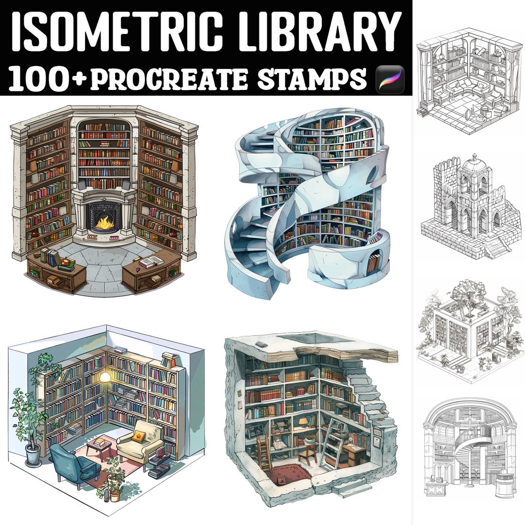 100+ Isometric Library Procreate Stamps | Procreate Brushes | Instant ...