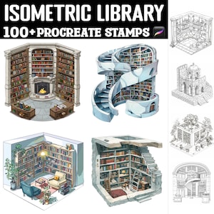 May include: A set of 100+ Procreate stamps featuring isometric library designs. The stamps include various styles of libraries, including a traditional library with a fireplace, a spiral staircase library, a library with a secret passage, and a library with a rooftop garden. The stamps are perfect for creating illustrations, backgrounds, and other digital art.