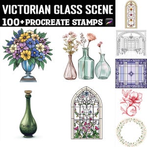 May include: Digital art featuring various Victorian-style glass elements. Includes a green glass bottle, floral arrangements in vases, stained glass window designs, and a floral wreath. The text at the top reads "VICTORIAN GLASS SCENE 100+ PROCREATE STAMPS".
