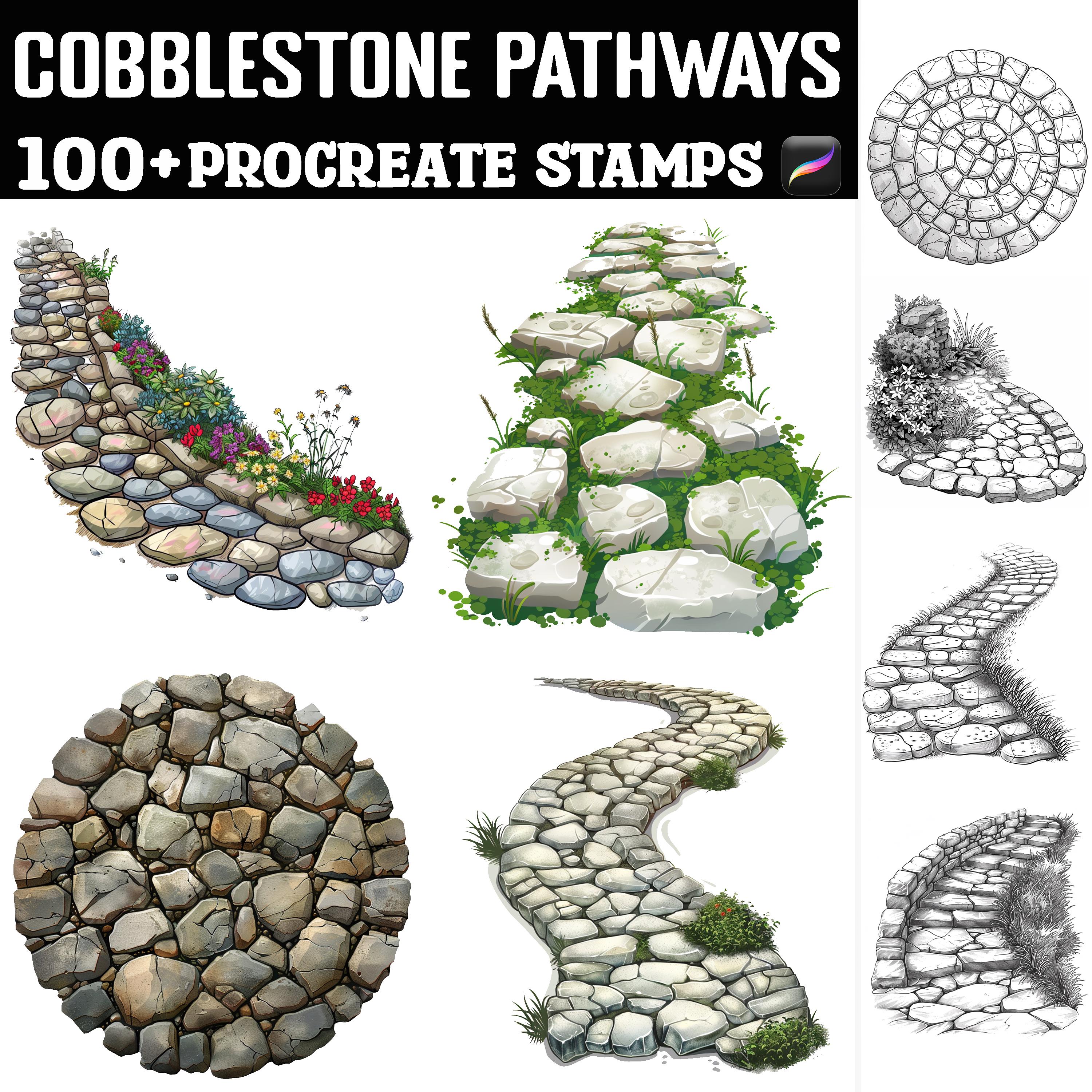 100+ Cobblestone Pathways Procreate Stamps and Brushes | Realistic Stone Streets Instant Download