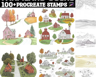 May include: Digital art stamps featuring various farmland scenes. The image includes illustrations of houses, barns, trees, and roads. Text at the top reads "FARMLAND SCENE" and "100+ PROCREATE STAMPS". The illustrations are in a hand-drawn style.