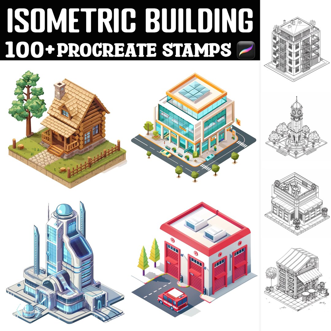 100+ Isometric Building Procreate Stamps | Procreate Brushes | Instant ...