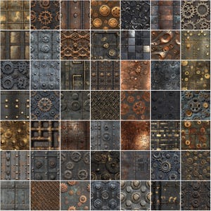 May include: A grid of 42 steampunk-themed metal textures. The designs showcase gears, rivets, and panels in bronze, copper, and steel hues. The textures range from complex gear patterns to industrial metal plates.