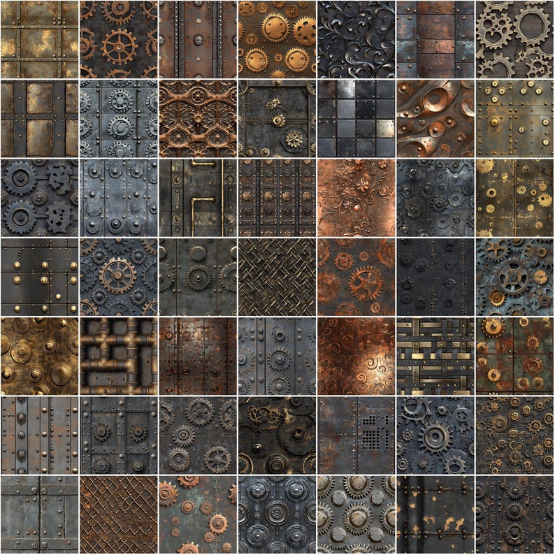 May include: A grid of 42 steampunk-themed metal textures. The designs showcase gears, rivets, and panels in bronze, copper, and steel hues. The textures range from complex gear patterns to industrial metal plates.