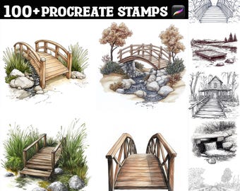 100+ Drewniany most nad potokiem Znaczki Procreate | Pędzle Procreate | Natychmiastowe pobieranie cyfrowe