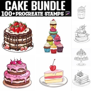 Puede incluir: Paquete de pasteles de arte digital con el texto "CAKE BUNDLE" y "100+ PROCREATE STAMPS". La imagen presenta ilustraciones de varios pasteles, incluyendo un pastel de chocolate con fresas, cupcakes y una rebanada de pastel con una cereza.