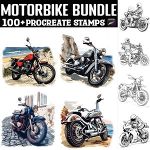 May include: A set of 100+ Procreate stamps featuring various motorbike designs. The stamps include black and white line drawings and colorful illustrations of motorcycles in different styles and settings.