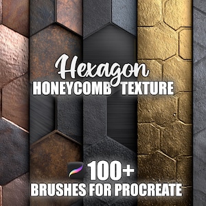 Op de afbeelding: Een digitale kunstafbeelding met zeshoekige honingraattexturen in brons, zwart, goud en grijs. De tekst "Hexagon Honeycomb Texture" en "100+ Brushes for Procreate" is in het wit weergegeven.