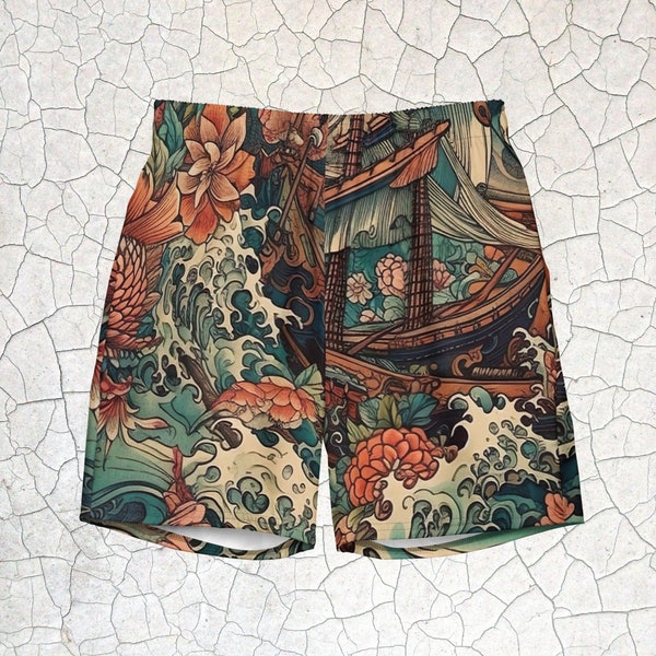 Japanese Tattoo Style Wave and Ship Men's swim trunks