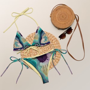 Marble Batik Blossoms Floral Bikini Batik in Lagoon Blue and Jade Green with Purple and Light Yellow Accents, Tie Dye Bikini Floral