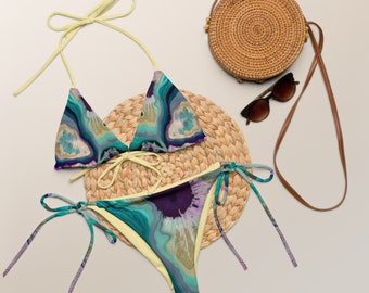 Marble Batik Blossoms Floral Bikini Batik in Lagoon Blue and Jade Green with Purple and Light Yellow Accents, Tie Dye Bikini Floral