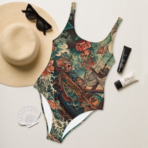 Japanese Tattoo Style Wave and Ship Ocean Swimsuit