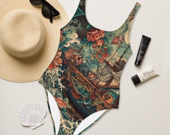 Japanese Tattoo Style Wave and Ship Ocean Swimsuit