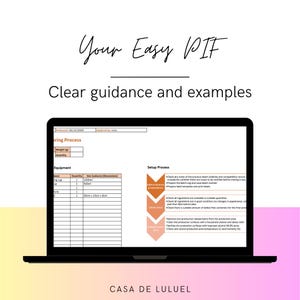 May include: A laptop displays a document with a table and setup process instructions. The text "Your Easy PIF" and "Clear guidance and examples" are at the top. The document includes measurements in milliliters and centimeters.
