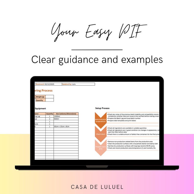 May include: A laptop displays a document with a table and setup process instructions. The text "Your Easy PIF" and "Clear guidance and examples" are at the top. The document includes measurements in milliliters and centimeters.