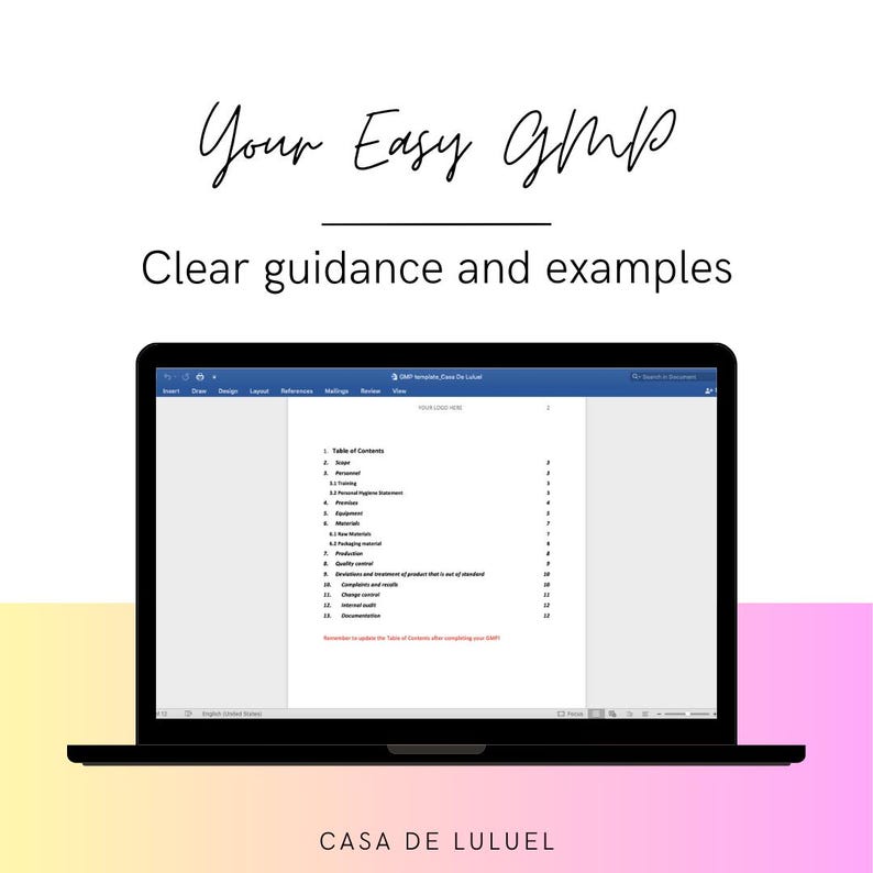May include: A laptop computer screen displaying a document titled "GMP Templates Easy to Use!" with a table of contents listing various topics related to Good Manufacturing Practices (GMP). The document is from Casa de Luluel.