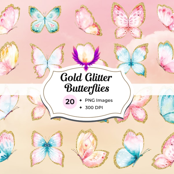 20 Gold Glitter Butterflies Clipart, Watercolor Butterfly Clipart, Butterfly PNG, Handpainted Butterfly, Clipart Butterfly, Summer Clipart