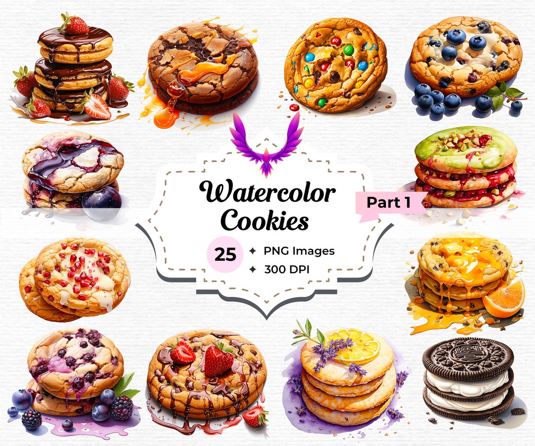 25 Watercolor Cookies Watercolor Cookies PNG Baking Clipart Etsy