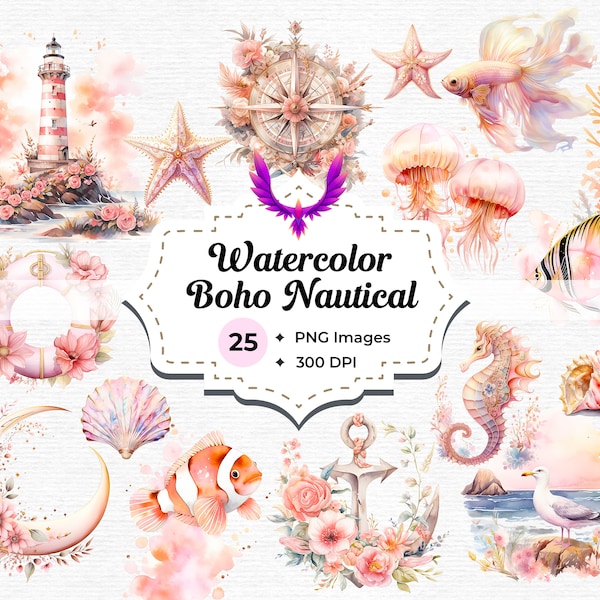 Watercolor Boho Nautical Clipart - ocean beach wedding PNG format instant download for commercial use