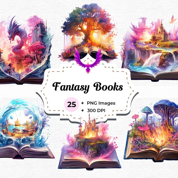25 Watercolor Fantasy Books Clipart, Open Book Clip Art, Book Bundle PNG, Magic Books, Fairytale Castle, Clip Art Book Bundle, Forest