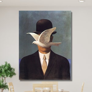 René Magritte Man in a Bowler Hat Oil Painting Print, Rene Magritte Wall Art, Rene Magritte Artwork, Rene Magritte Exhibition Canvas Posters