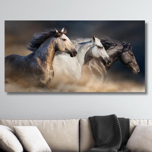 Toile 3 chevaux qui courent, impression d'affiche cheval blanc, impression chevaux qui courent, toile cheval blanc, impression d'art mural toile chevaux qui courent