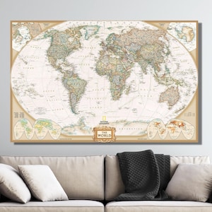 Poster con mappa del mondo classica, mappa del mondo da parete, mappa del mondo su tela, stampa mappa del mondo, arte murale per la stanza della scuola per l'inaugurazione della casa, pittura artistica con mappa del mondo