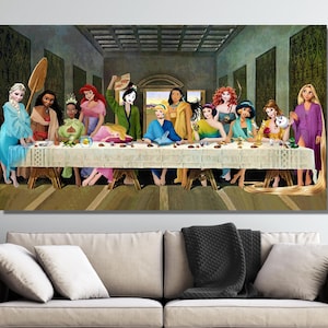 Disney All Princess Last Supper Print Poster Canvas Arts, Cinderella Tangled Print, Elsa Frozen Snow White The Little Mermaid Tiana Wall Art