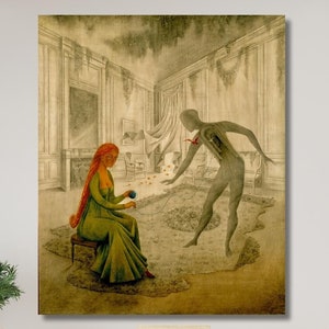 May include: A painting depicting a woman in a green dress seated on a stool, gazing at a figure in the background. The figure is a grey silhouette of a person with their arms extended. The painting is set in a room with a white backdrop and a brown floor.