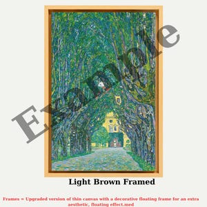 The image is a framed painting depicting a tree-lined path leading to a building. The painting has a light brown color and a decorative floating frame, giving it an artistic and visually appealing appearance.