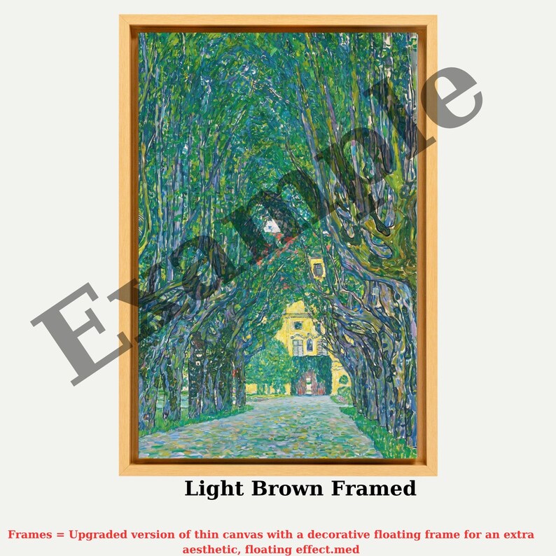 The image is a framed painting depicting a tree-lined path leading to a building. The painting has a light brown color and a decorative floating frame, giving it an artistic and visually appealing appearance.