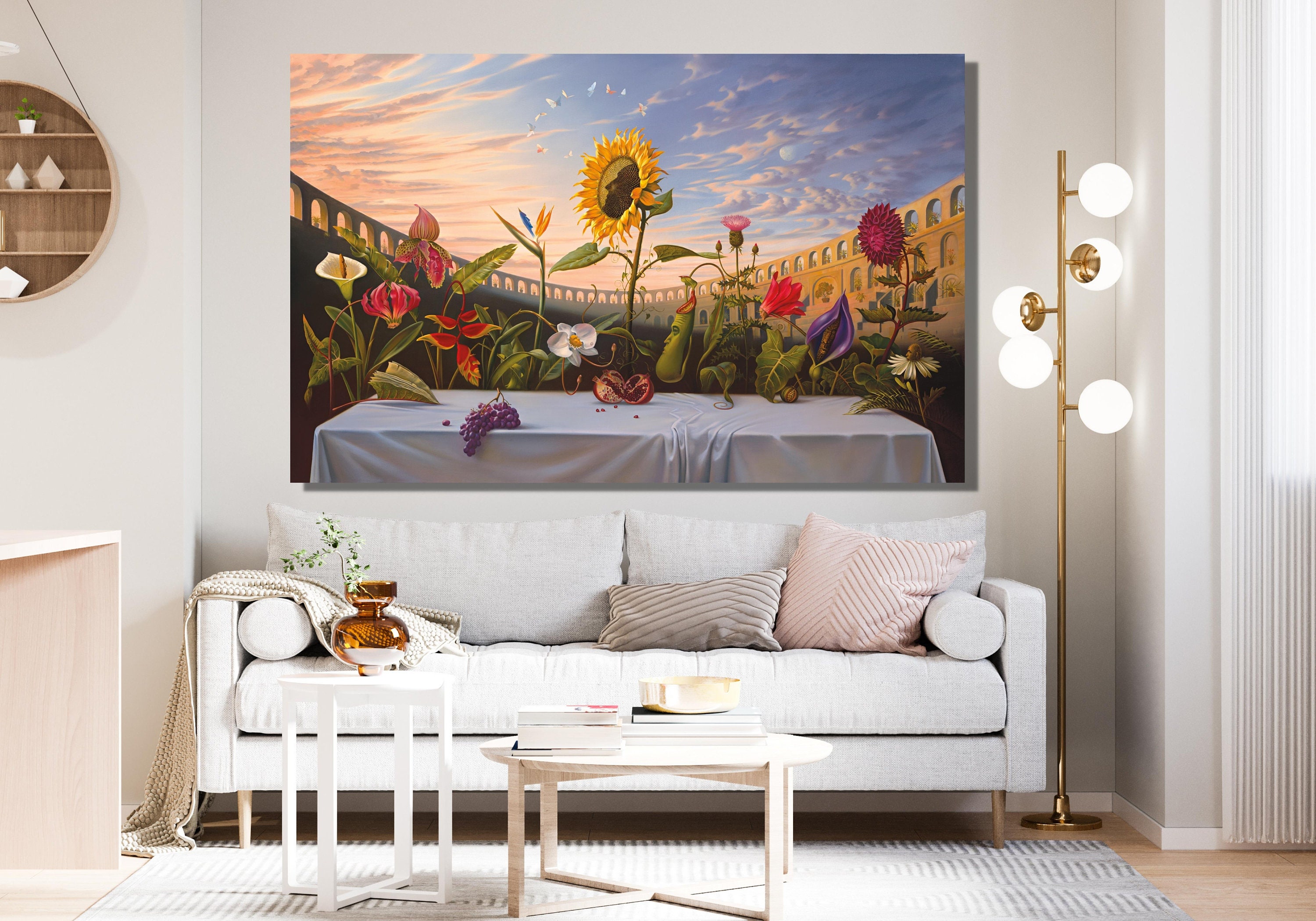 BOHU ARTS ウラジミールクッシュ 最後の晩餐 ウォールアート 大型フレーム絵画 ダリスタイル キャンバスアート 寝室 リビングルーム オフィス用 すぐに並行輸入 ウラジミール・クッシュによる花の最後の晩餐油絵アート、ウラジミール