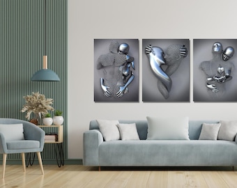 Set van 3 zilveren prints van een liefdeshart op canvas, zilverkleurig liefdeshartontwerp, 3D-effect liefdeshart muurdecoratie, 3D-schilderijen van een knuffelend stel met zilverkleurig effect.