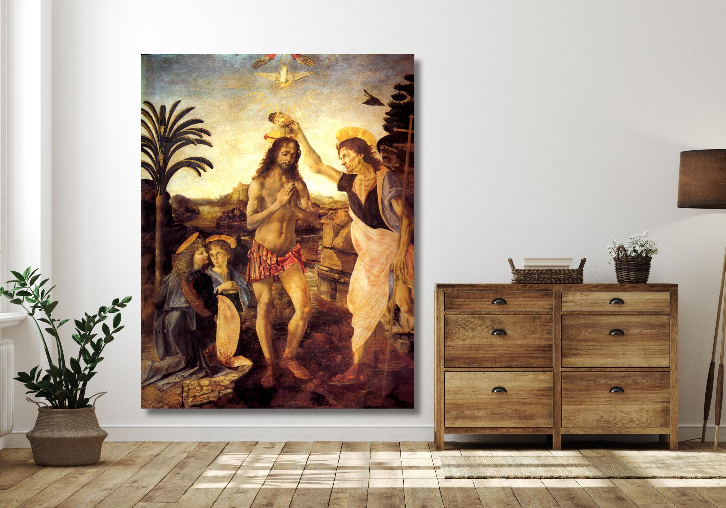 Leonardo Da Vinci Baptism of Christ Painting Print, Leonardo Da
