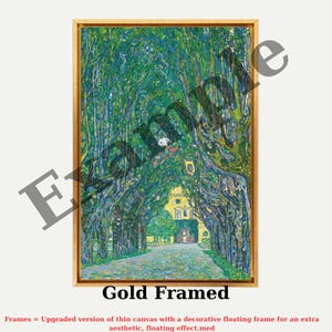 The image is a gold-framed painting depicting a tree-lined path leading to a yellow building.