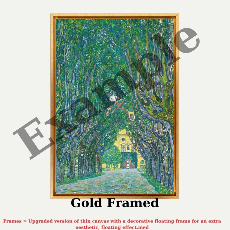 The image is a gold-framed painting depicting a tree-lined path leading to a yellow building.