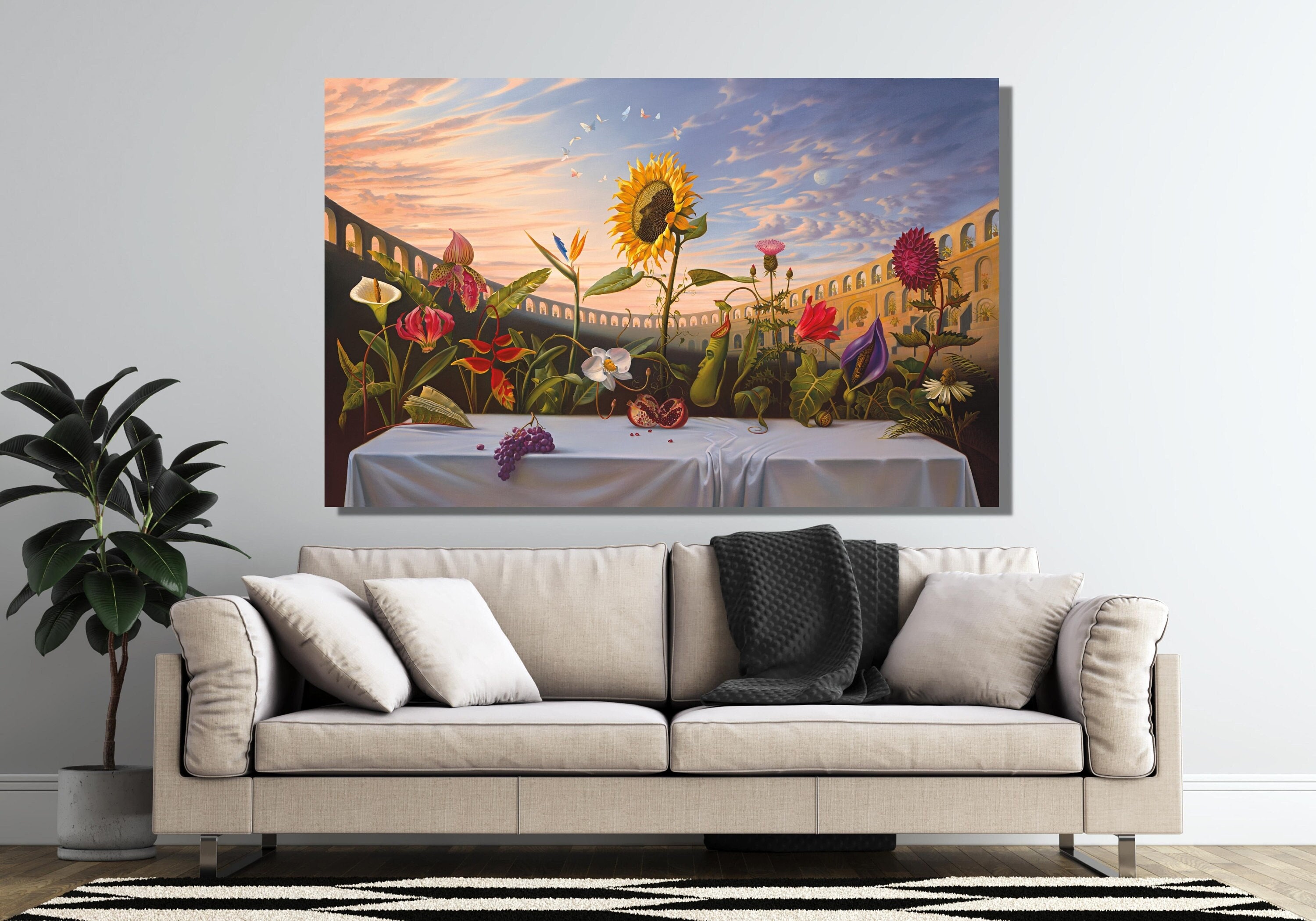 BOHU ARTS ウラジミールクッシュ 最後の晩餐 ウォールアート 大型フレーム絵画 ダリスタイル キャンバスアート 寝室 リビングルーム オフィス用 すぐに並行輸入 ウラジミール・クッシュによる花の最後の晩餐油絵アート、ウラジミール