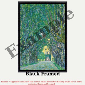The image is a framed painting depicting a tree-lined path leading to a yellow building. The painting is a black-framed artwork with a decorative floating frame, which adds an aesthetic and floating effect to the piece.
