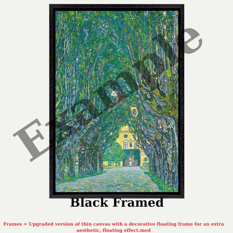 The image is a framed painting depicting a tree-lined path leading to a yellow building. The painting is a black-framed artwork with a decorative floating frame, which adds an aesthetic and floating effect to the piece.