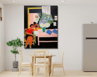 Dipinti di Henri Matisse raffiguranti un lettore su sfondo nero, opere d'arte murali di Henri Matisse, lavori artistici di Henri Matisse, poster su tela per mostre di Henri Matisse