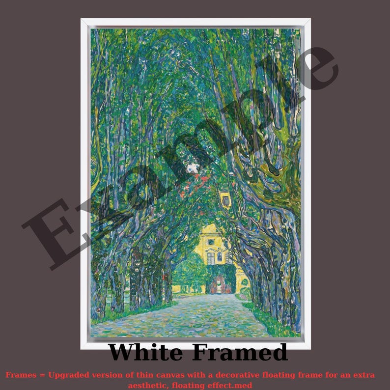 The image is a white-framed painting depicting a tree-lined path leading to a yellow building.
