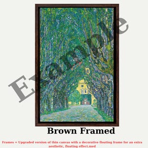The image is a framed painting depicting a tree-lined path leading to a yellow building.