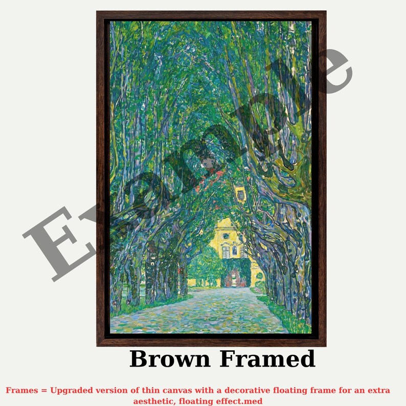 The image is a framed painting depicting a tree-lined path leading to a yellow building.