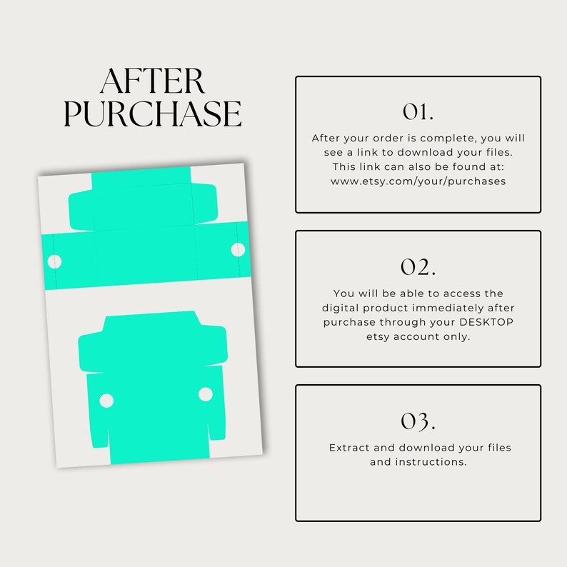 May include: A diagram with instructions on how to access digital products after purchase on Etsy. The instructions are numbered 1, 2, and 3. The diagram includes a box template with a turquoise color.