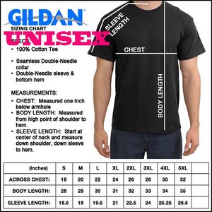 May include: Unisex sizing chart for Gildan t-shirts, showing measurements in inches for chest, body length, and sleeve length. Sizes range from S to 5XL.
