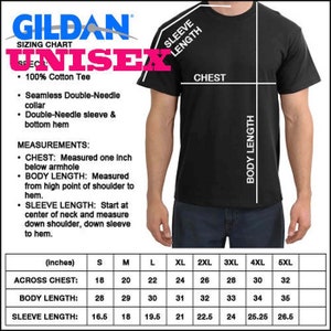 May include: Unisex sizing chart for Gildan t-shirts, showing measurements in inches for chest, body length, and sleeve length. Sizes range from S to 5XL.
