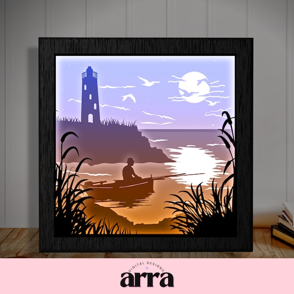 Shadow Box SVG - Lighthouse Beach Scene Light Box Template SVG File - Shadowbox Cut File
