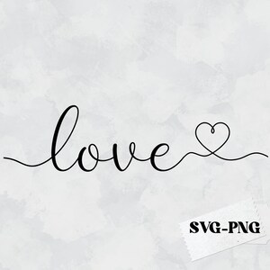 May include: Black and white graphic design of the word "love" with a heart drawn at the end of the word.