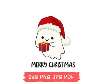 May include: A white ghost wearing a red Santa hat holds a red gift box with a yellow bow. The text "Merry Christmas" is below the ghost and "SVG PNG JPG PDF" is below that.